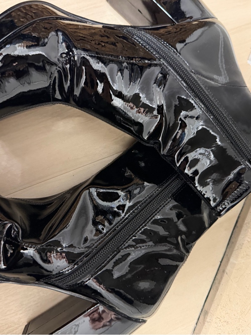 Patent Leather Black Heeled Boots - Women's Stylish Zip-Up